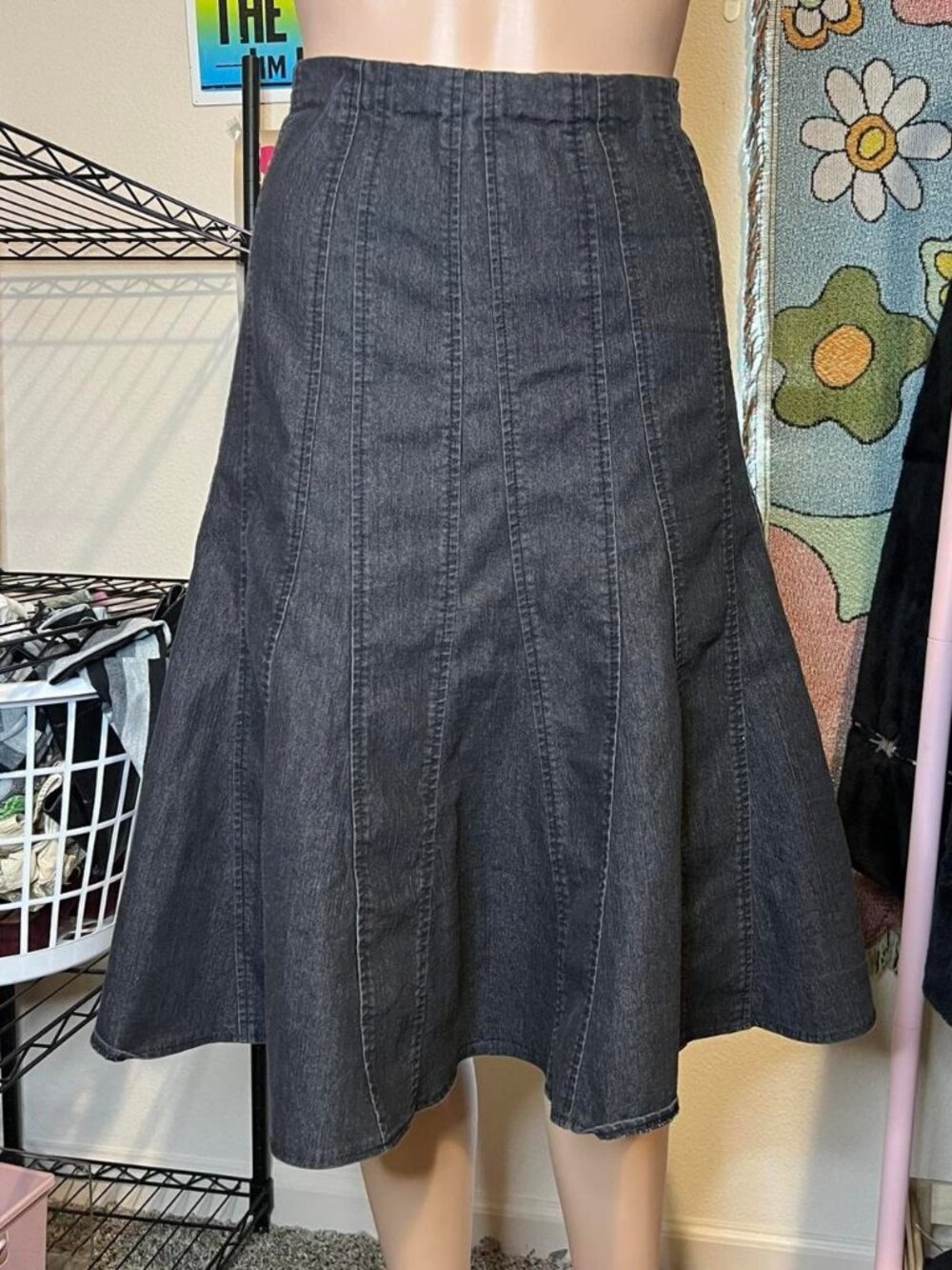 Vintage Dark Wash Paneled Denim Midi Skirt